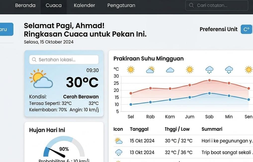 Tampilan dashboard Ringkasan Cuaca
